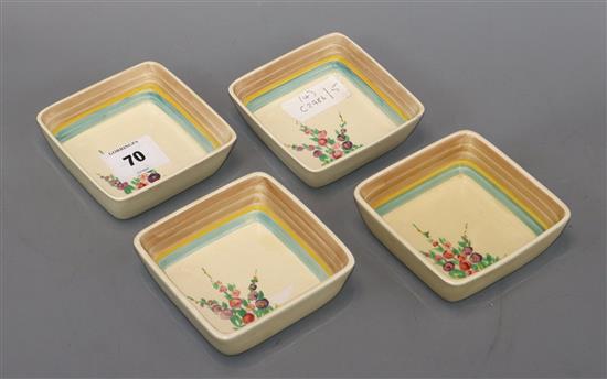 Four Clarice Cliff Hollyhock dishes length 11cm approx.
